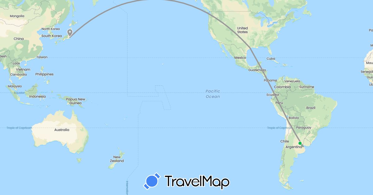 TravelMap itinerary: driving, bus, plane in Argentina, Japan, United States (Asia, North America, South America)